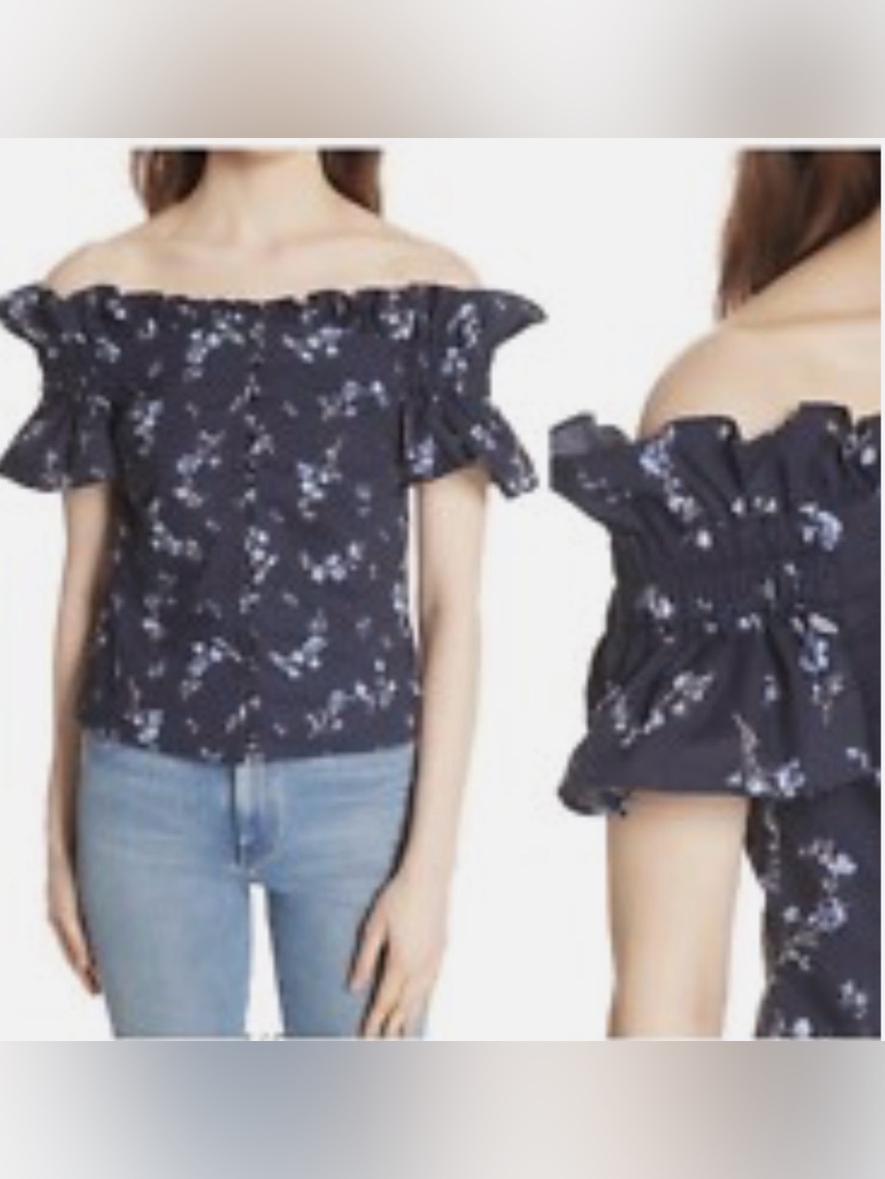 Rebecca Taylor Navy Floral Off-Shoulder Ruffle Top